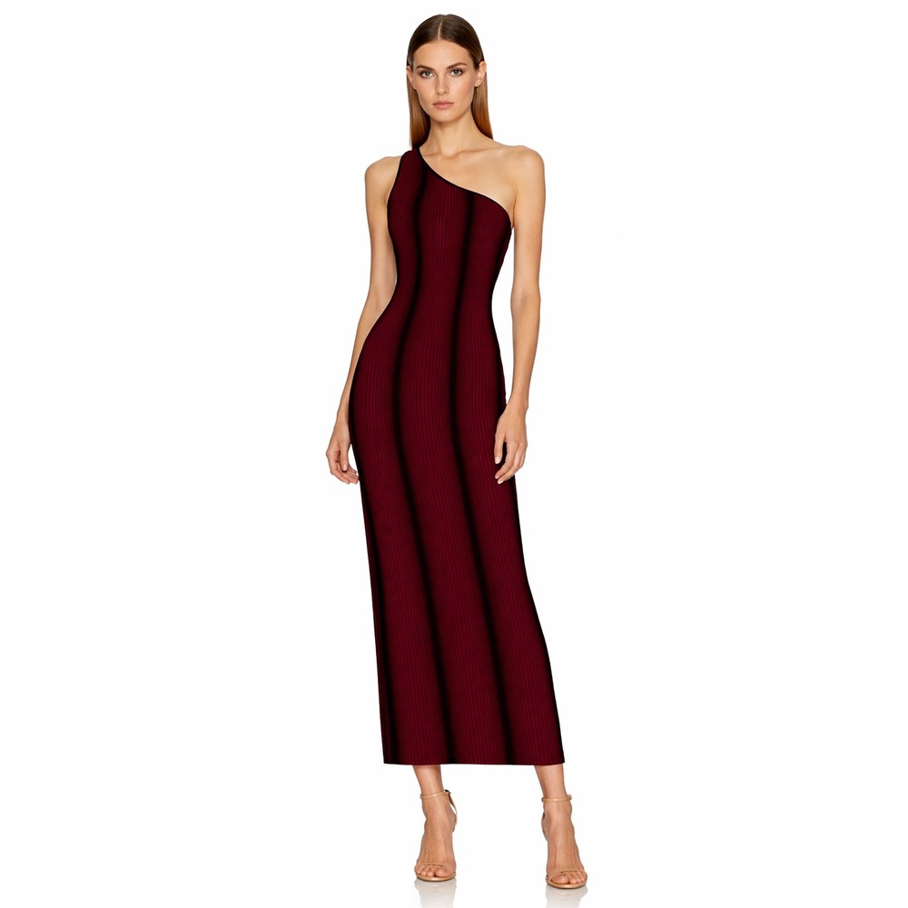 New! SER.O.YA One Shoulder Ribbed Maxi Dress Burgundy Black Striped Small $298
